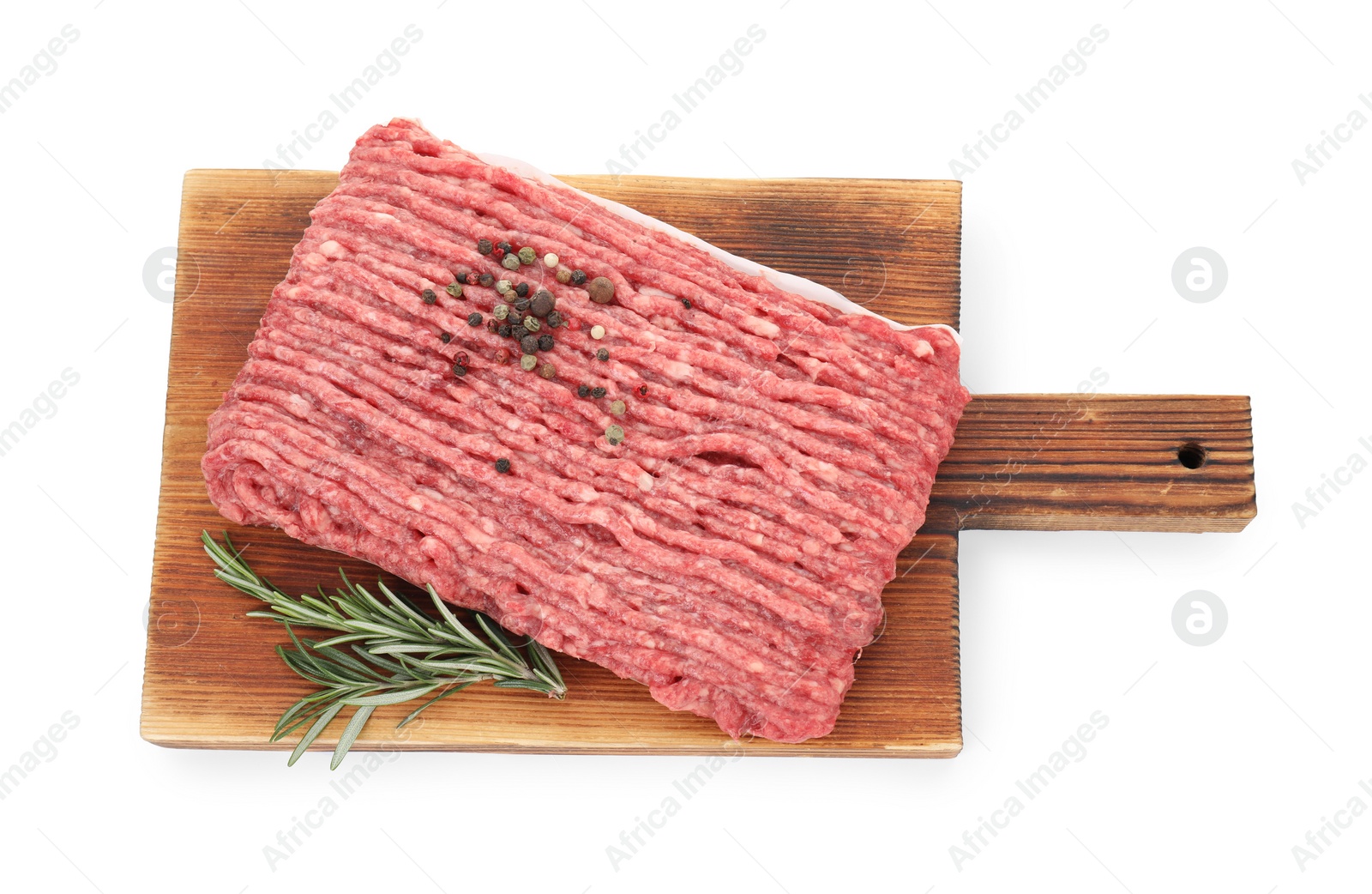 Photo of Raw ground meat, rosemary and peppercorns isolated on white, top view