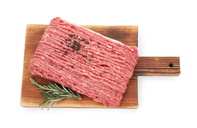 Raw ground meat, rosemary and peppercorns isolated on white, top view