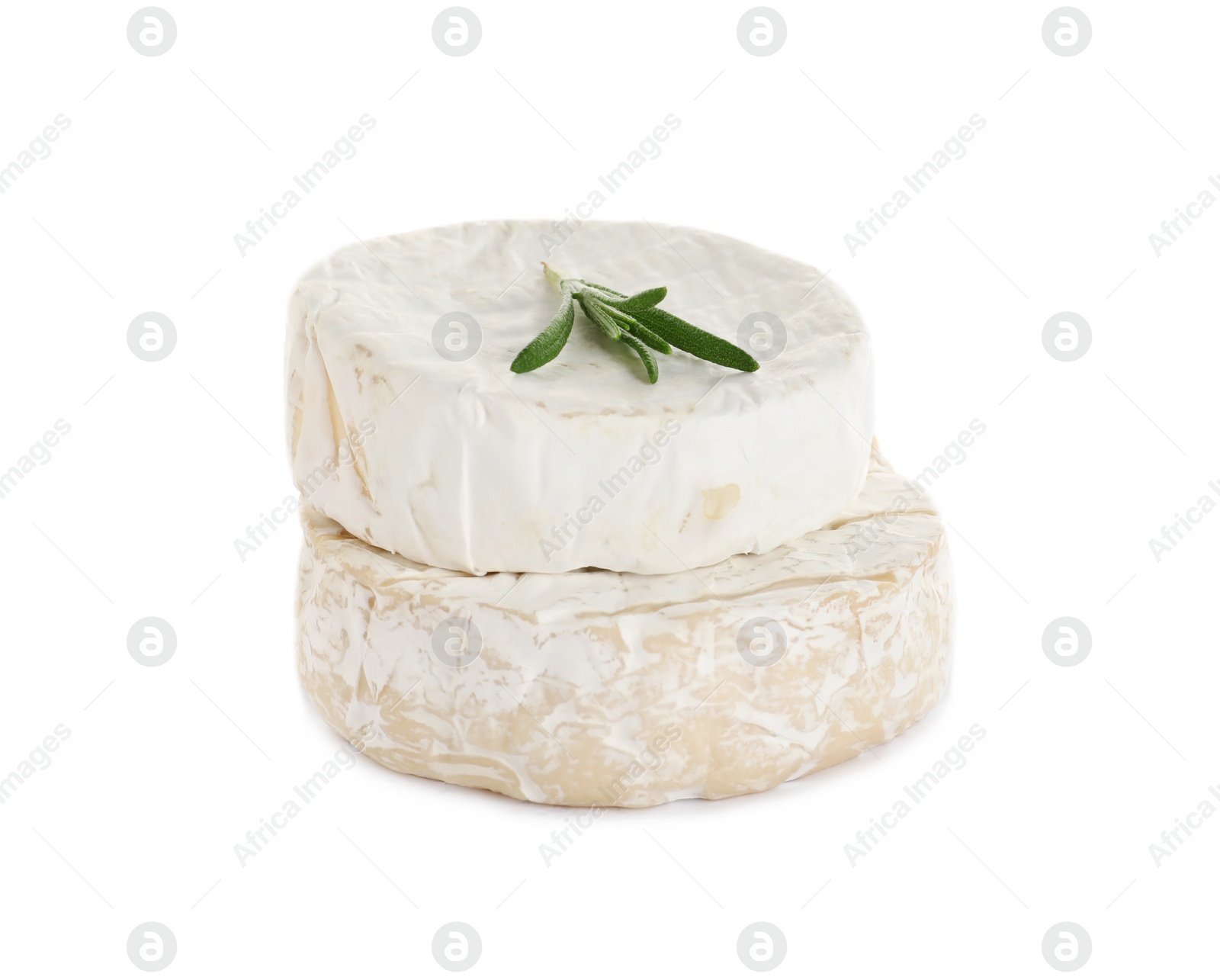 Photo of Tasty camembert and brie cheeses with rosemary isolated on white
