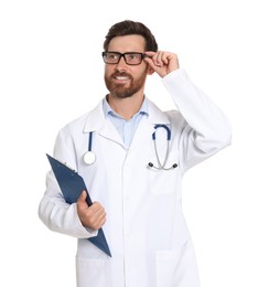 Photo of Doctor with stethoscope and clipboard on white background