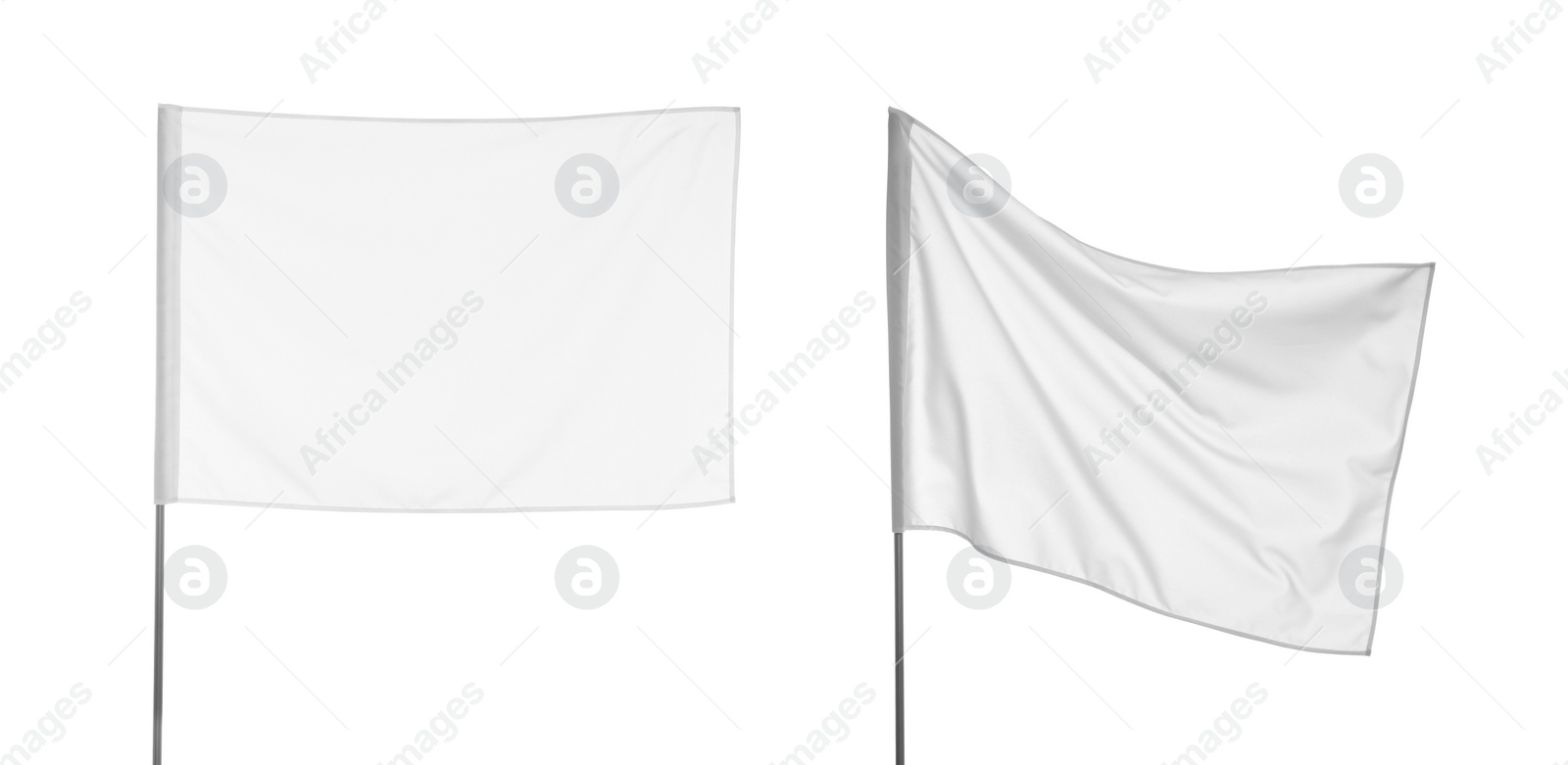 Image of Two blank flags on white background, collage. Banner design