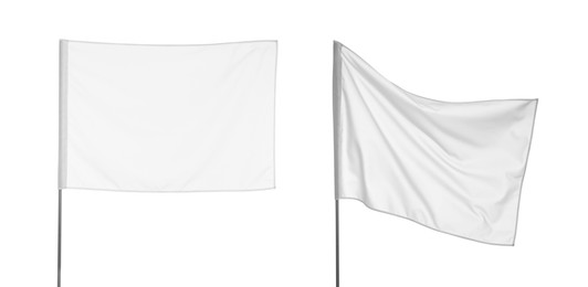 Image of Two blank flags on white background, collage. Banner design