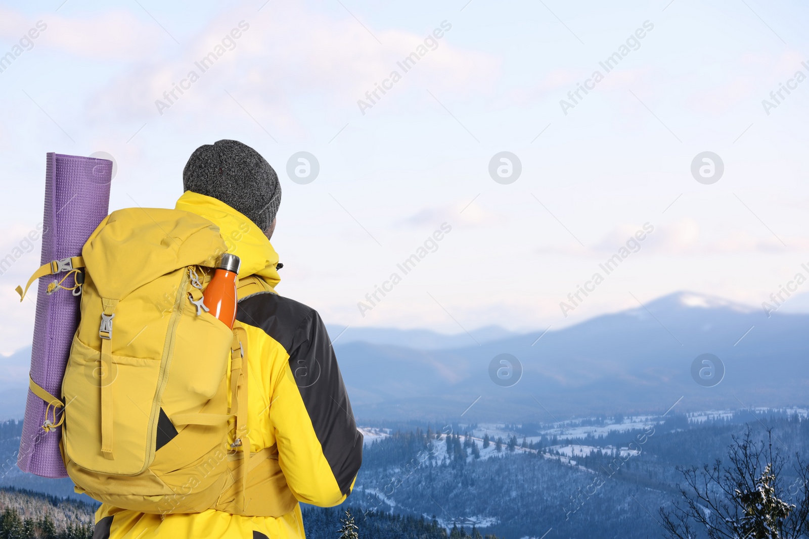 Image of Tourist with backpack in mountains, back view