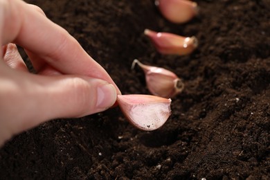 Photo of Woman planting garlic cloves into fertile soil, closeup