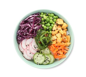 Photo of Delicious salad with chicken, vegetables and seaweed in bowl isolated on white, top view