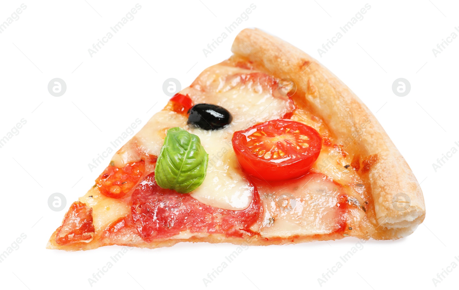 Photo of Slice of delicious pizza Diablo isolated on white