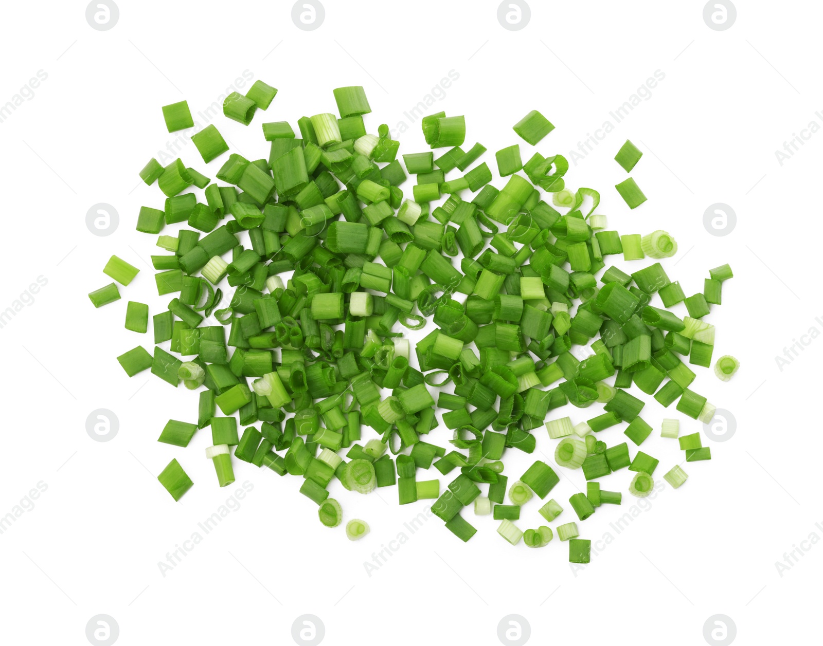 Photo of Chopped fresh green onions on white background, top view