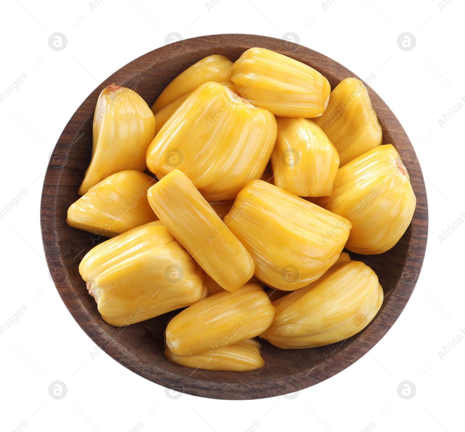 Photo of Delicious jackfruit bulbs in plate isolated on white, top view