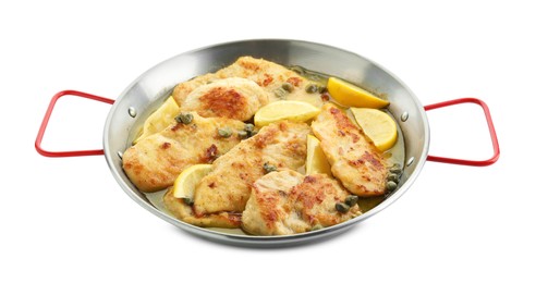 Delicious chicken piccata in pot isolated on white