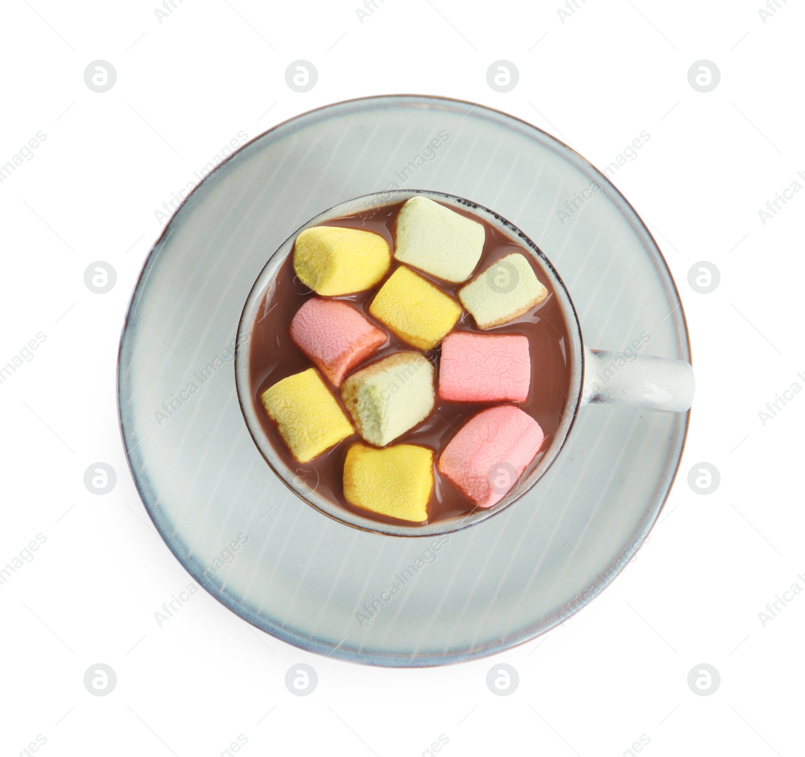 Photo of Cup of delicious hot chocolate with marshmallows isolated on white, top view