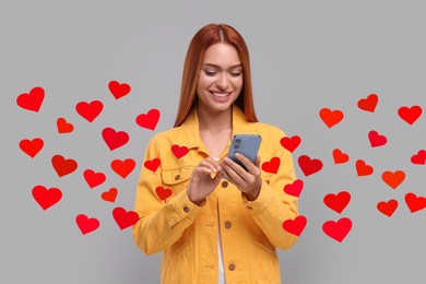 Long distance love. Woman chatting with sweetheart via smartphone on grey background. Hearts flying out of device and swirling around her