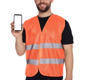 Man in reflective uniform showing smartphone on white background, closeup