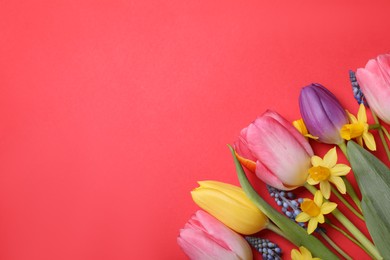 Photo of Beautiful different flowers on red background, flat lay. Space for text