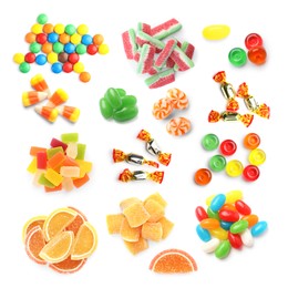 Collage with different sweet candies isolated on white