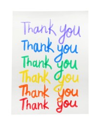Photo of Card with phrases Thank You in rainbow colors isolated on white