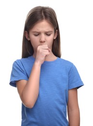 Sick girl coughing on white background. Cold symptoms
