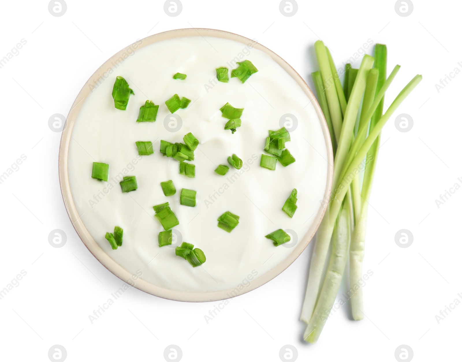 Photo of Fresh sour cream with onion on white background, top view