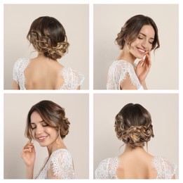 Woman with beautiful hairstyling on beige background, collage design
