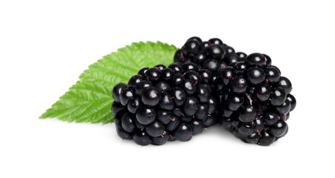 Photo of Tasty ripe blackberries and green leaf isolated on white