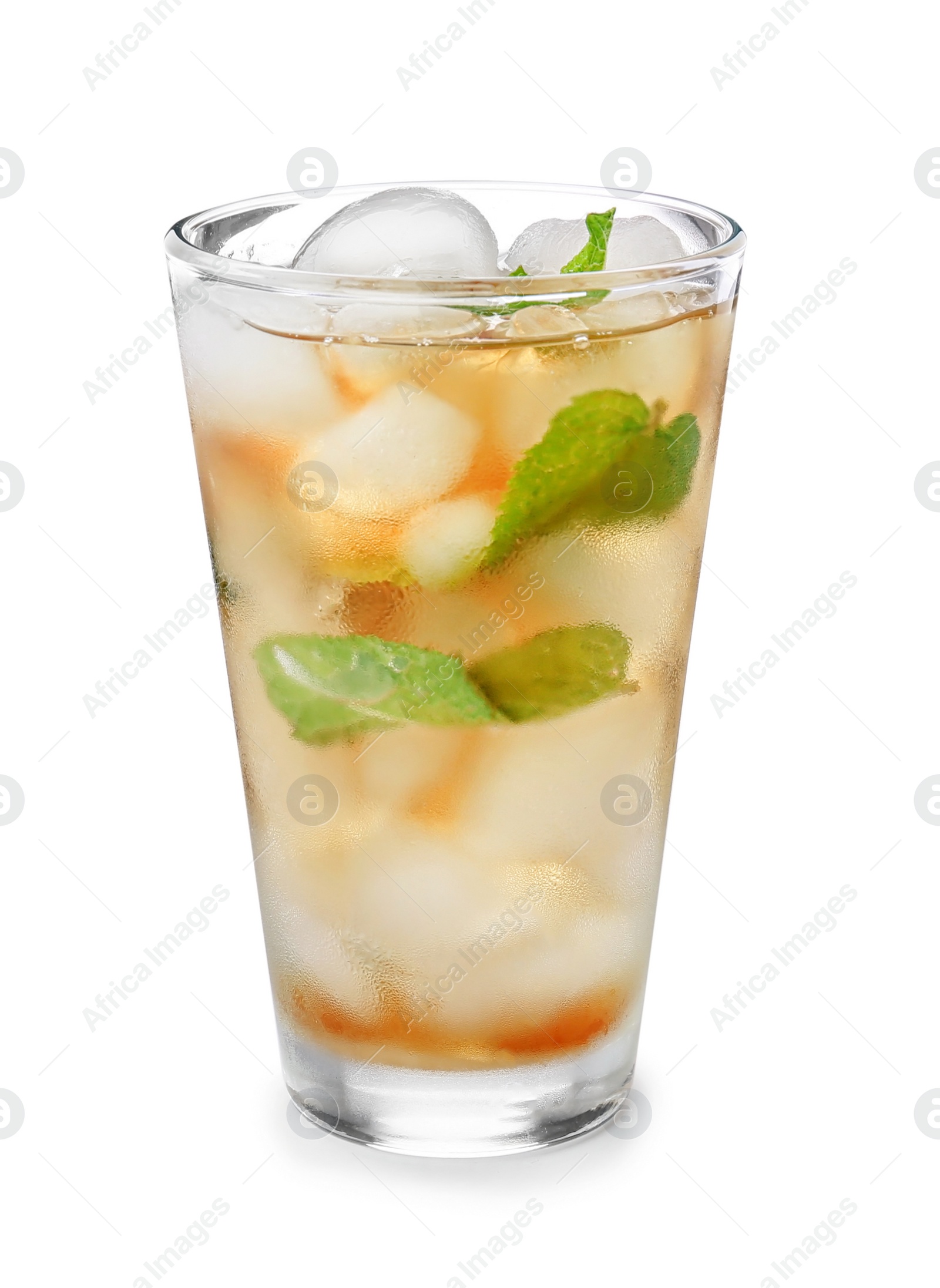 Photo of Glass of delicious mint julep cocktail on white background