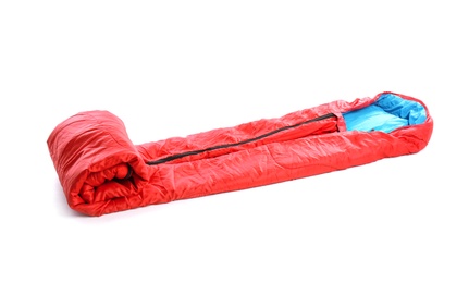 Photo of Sleeping bag on white background. Camping equipment