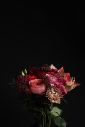 Photo of Beautiful fresh flowers on dark background, space for text