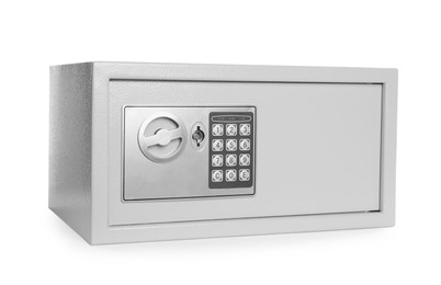 Photo of Steel safe with electronic lock on white background