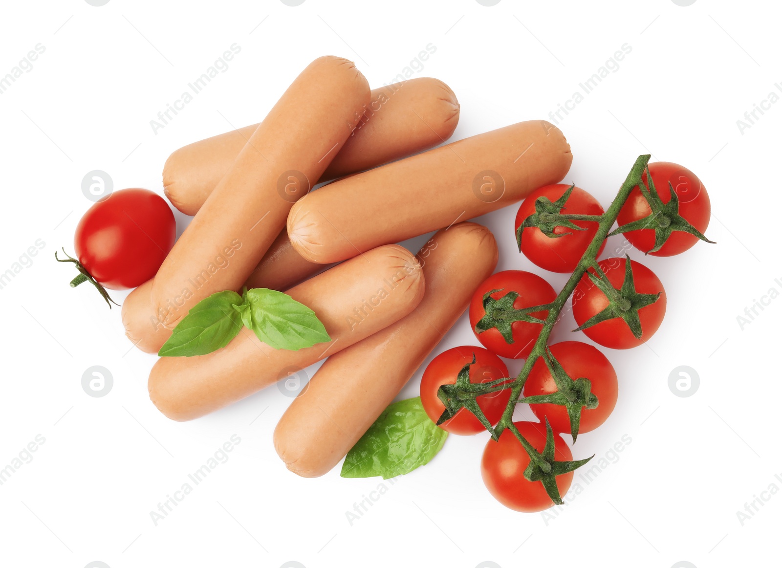 Photo of Delicious boiled sausages, tomatoes and basil on white background, top view