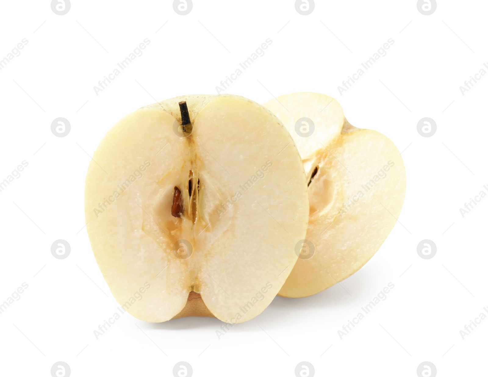 Photo of Delicious cut fresh apple pears isolated on white