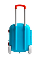 Photo of Stylish little blue suitcase on white background