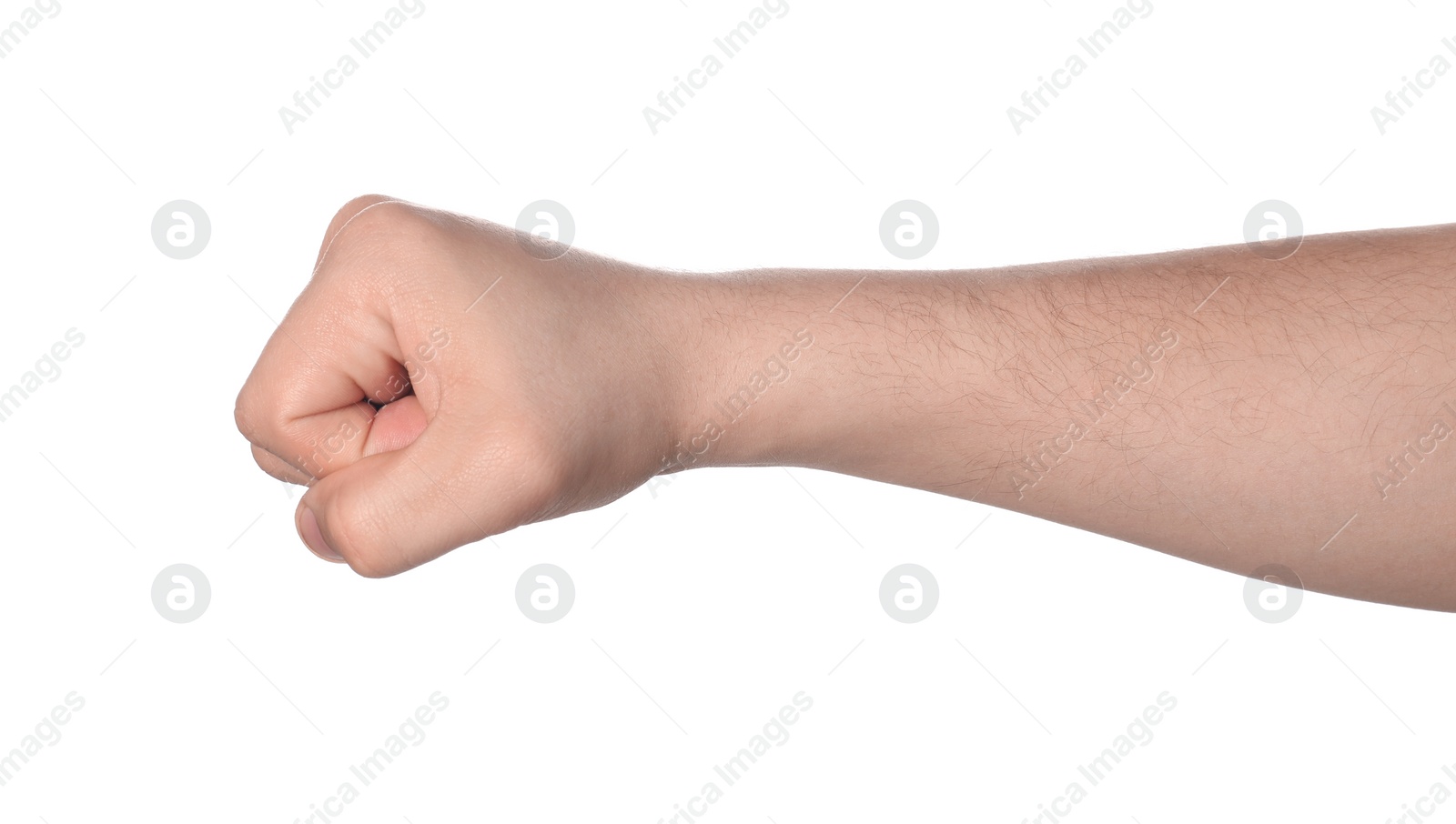 Photo of Man showing fist on white background, closeup