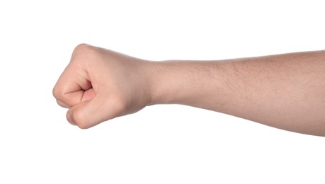 Man showing fist on white background, closeup