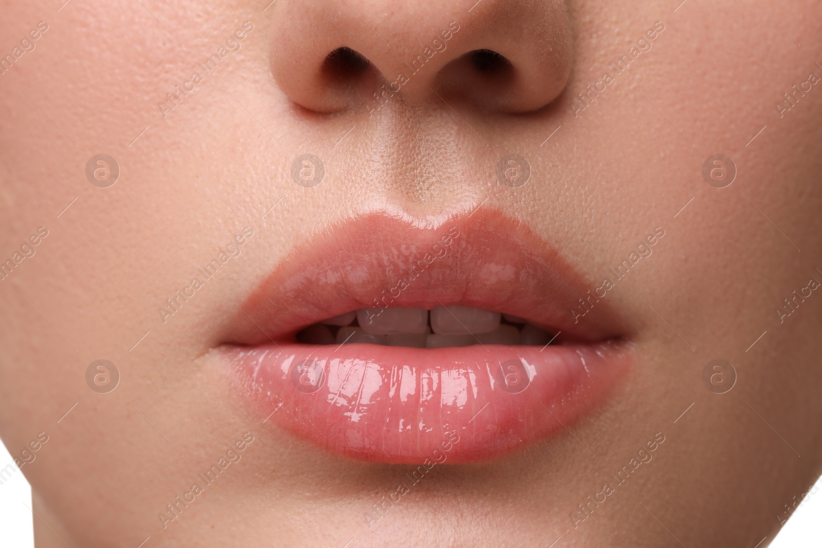 Photo of Woman wearing beautiful lip gloss, closeup view