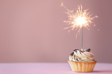 Photo of Cupcake with burning sparkler on pink background. Space for text