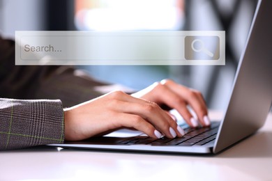 Image of Search bar of website over laptop. Woman using computer at white table, closeup