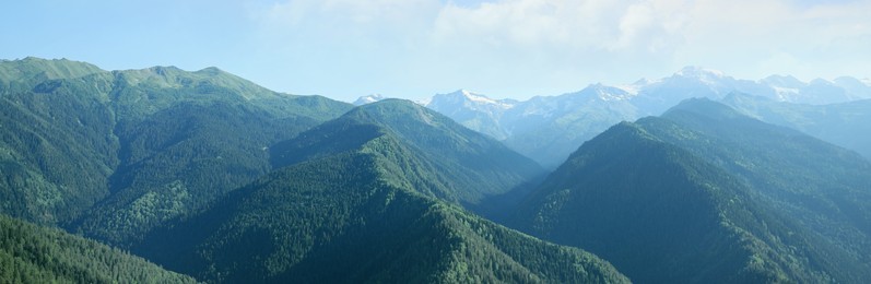 Picturesque mountains under beautiful sky, banner design