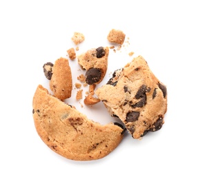 Photo of Tasty chocolate cookie on white background, top view