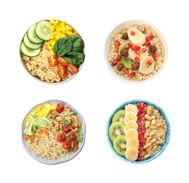 Image of Set of different healthy dishes with quinoa on white background, top view 