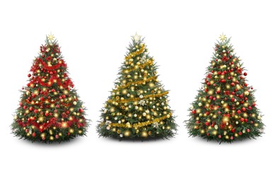 Christmas trees decorated with ornaments and festive lights isolated on white, set