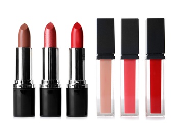 Photo of Different lipsticks on white background. Cosmetic product