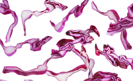 Image of Chopped red cabbage falling on white background