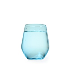 Glass of water on blue background. Refreshing drink