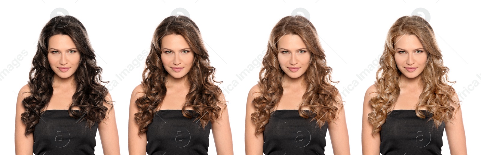 Image of Collage with photos of beautiful young woman with different hair colors on white background. Banner design