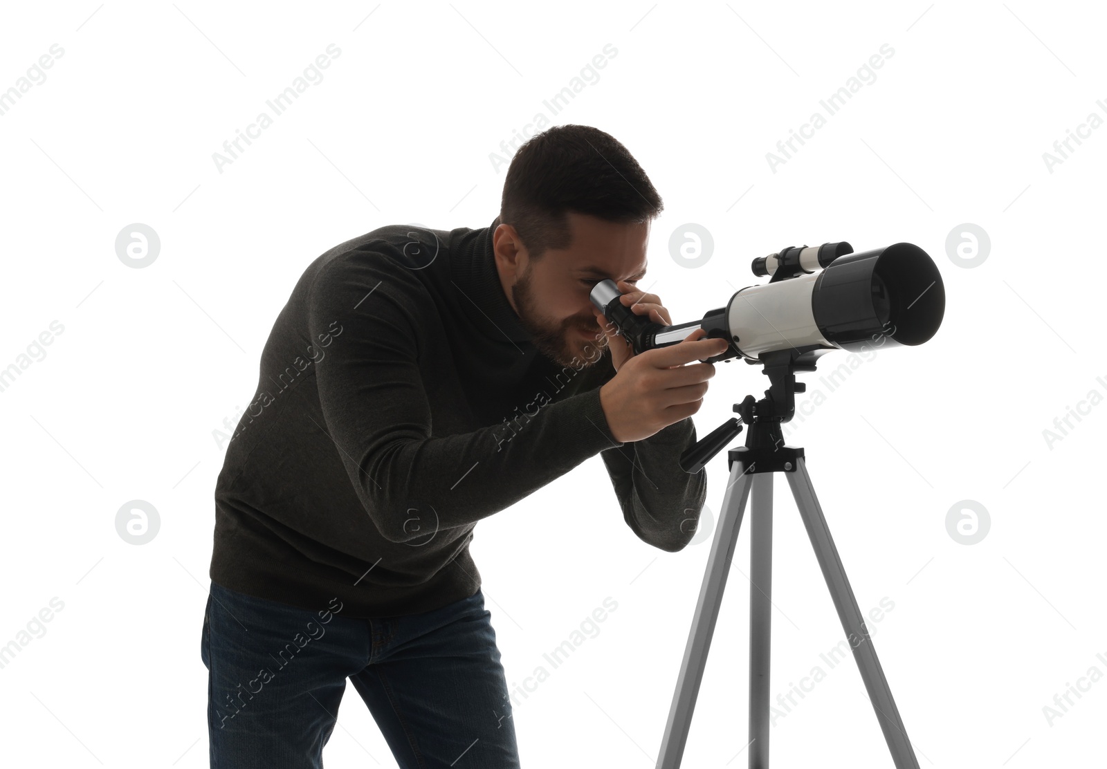 Photo of Astronomer looking at stars through telescope on white background