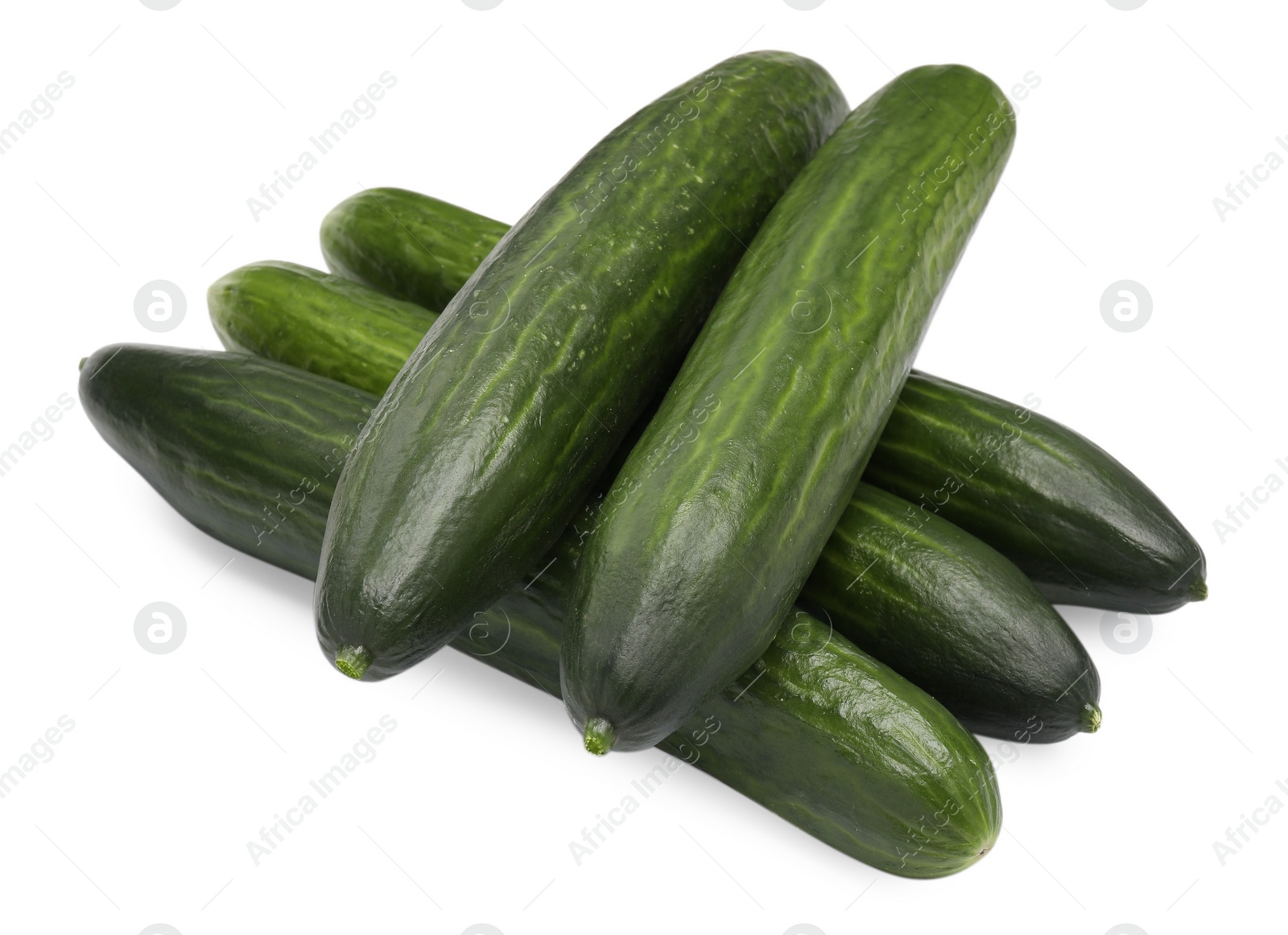 Photo of Many long fresh cucumbers isolated on white