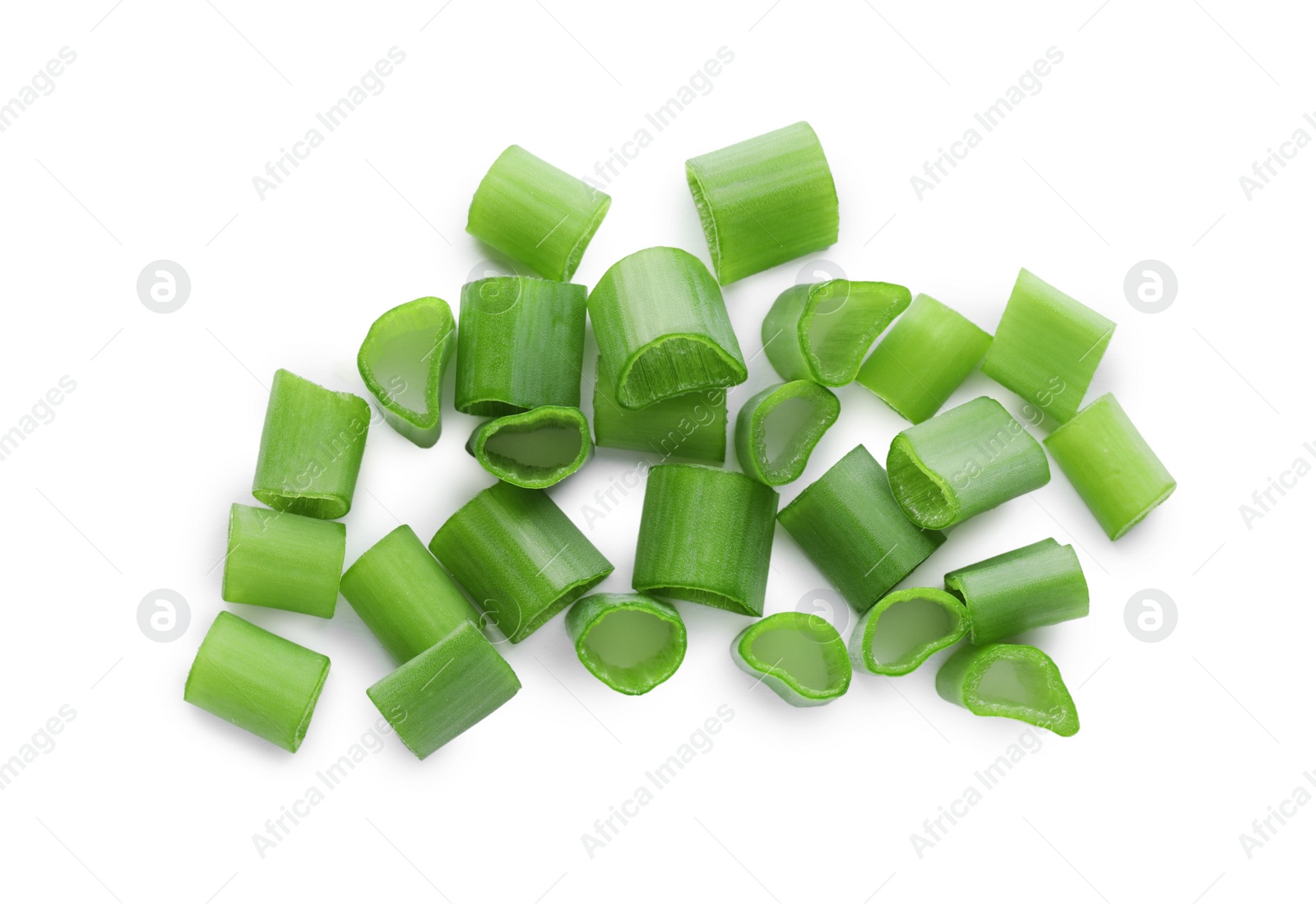 Photo of Pile of fresh green onion isolated on white, top view