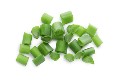 Photo of Pile of fresh green onion isolated on white, top view