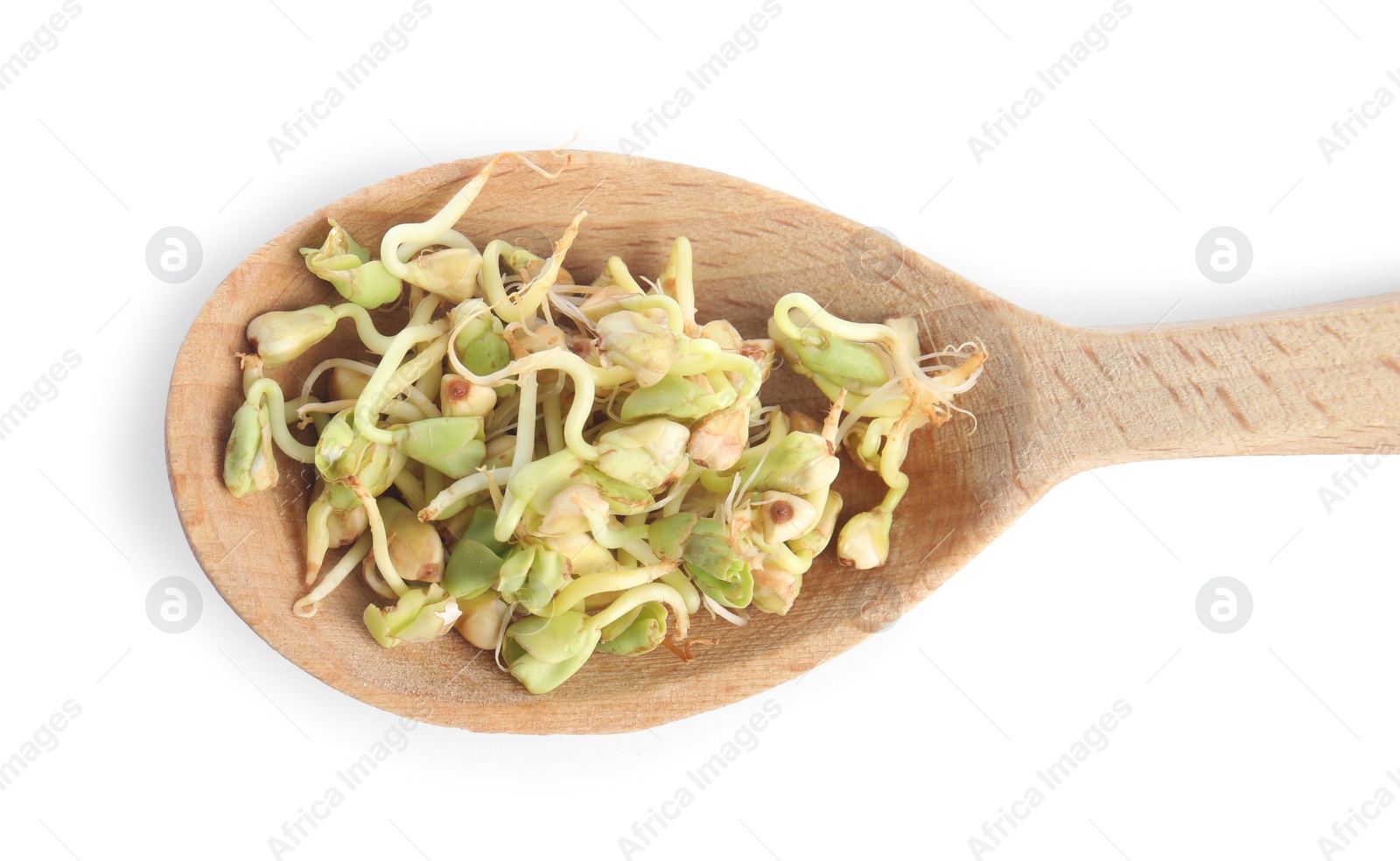 Photo of Wooden spoon of sprouted green buckwheat isolated on white, top view