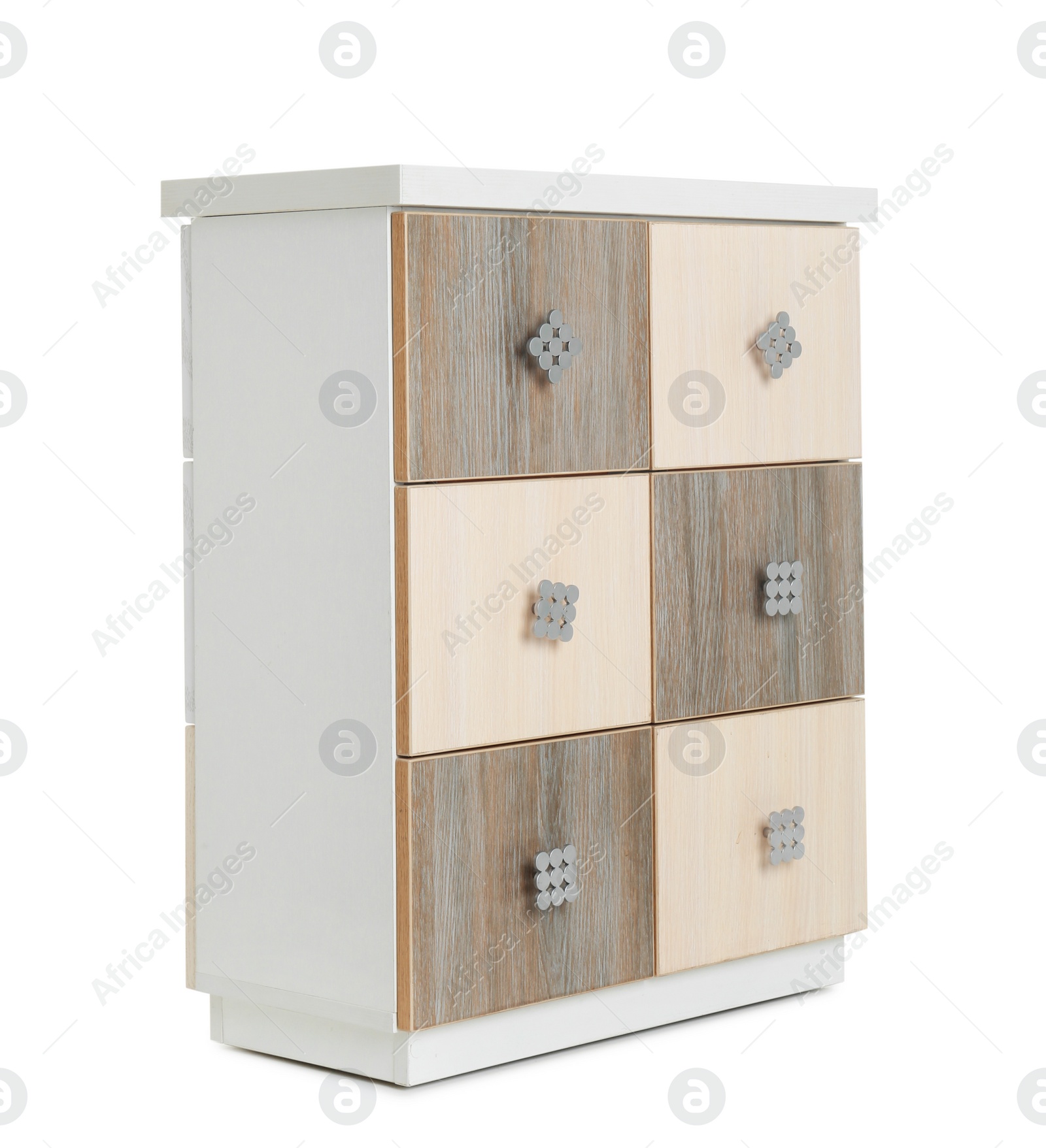 Photo of Stylish chest of drawers on white background. Furniture for wardrobe room