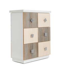 Photo of Stylish chest of drawers on white background. Furniture for wardrobe room